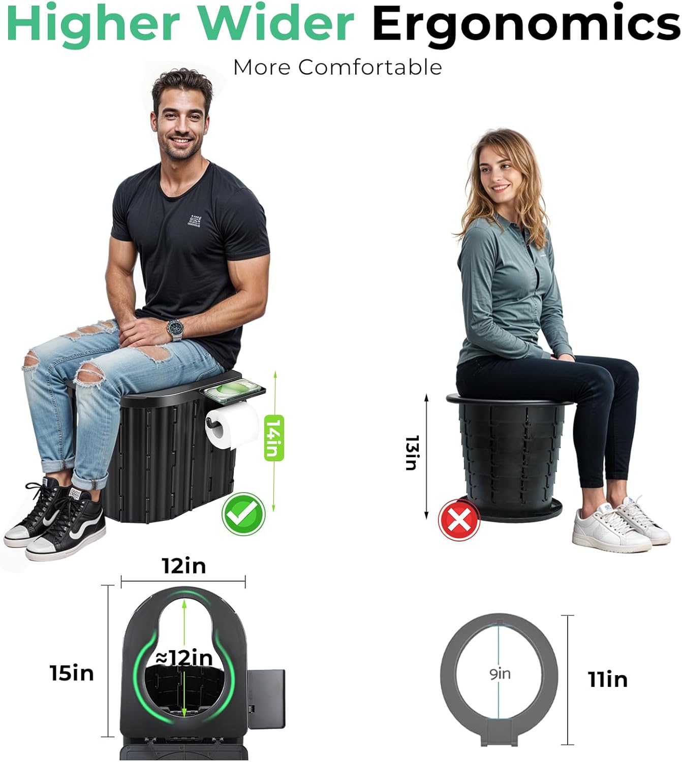 Portable Camping Toilet for Adults – 450 lb Capacity, Foldable, 4.5 lbs | Lid, TP Holder & 12 Waste Bags Included