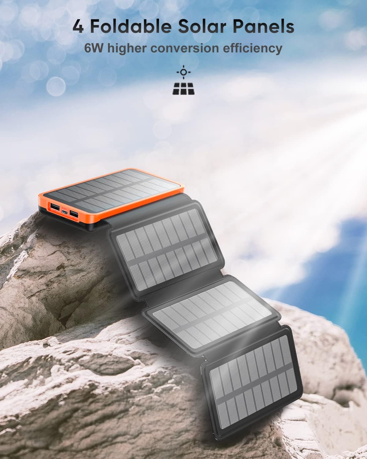 25000mAh Solar Charger – Outdoor USB-C Power Bank with 4 Solar Panels, 3A Fast Charging, and 3 USB Outputs for Smartphones, Tablets & More