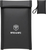 Faraday bag for phone with smartphone partially inserted, showing signal-blocking pouch size