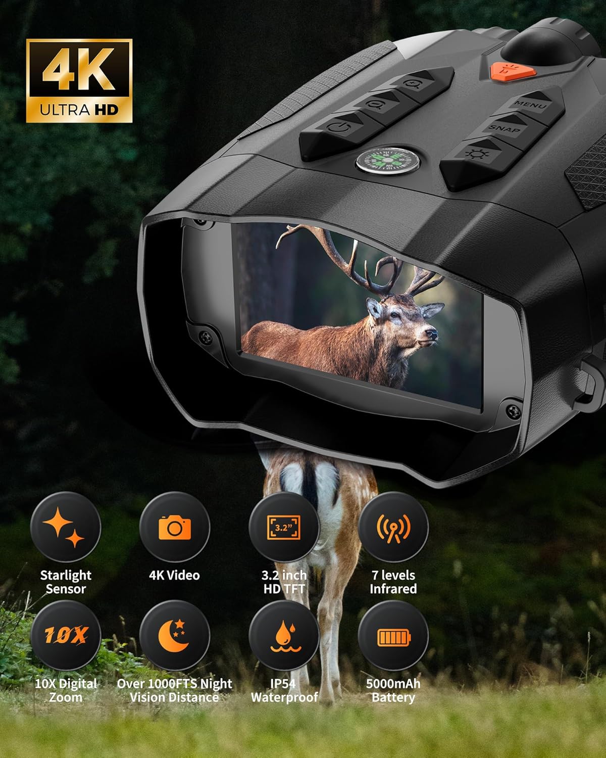 4K Night Vision Binoculars with 10X Zoom, Infrared Goggles for Hunting & Camping – Includes Tactical Light, Compass, 32GB Card, Rechargeable Battery, Photo & Video Recording