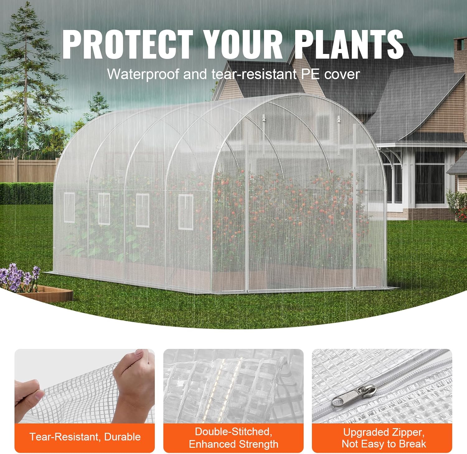 14.6×6.4×6.3 ft Walk-In Tunnel Greenhouse – Heavy-Duty Hoop House with Galvanized Steel Frame, White PE Cover, Roll-Up Zipper Door & 8 Vent Windows for Outdoor Gardening