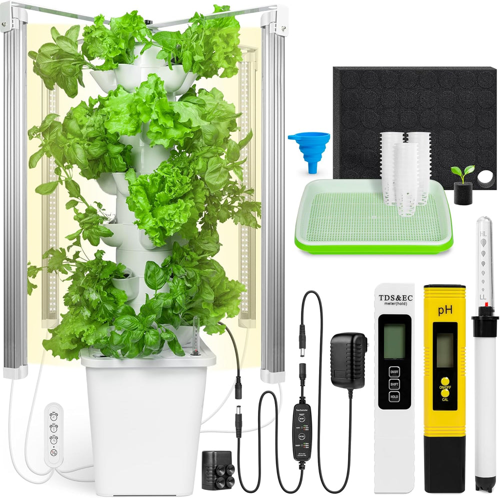 Hydroponic Tower Garden – 30 Plants, Full-Spectrum LED Grow Lights, 3/9/12-Hr Timer, pH+TDS Meters & 10L Tank