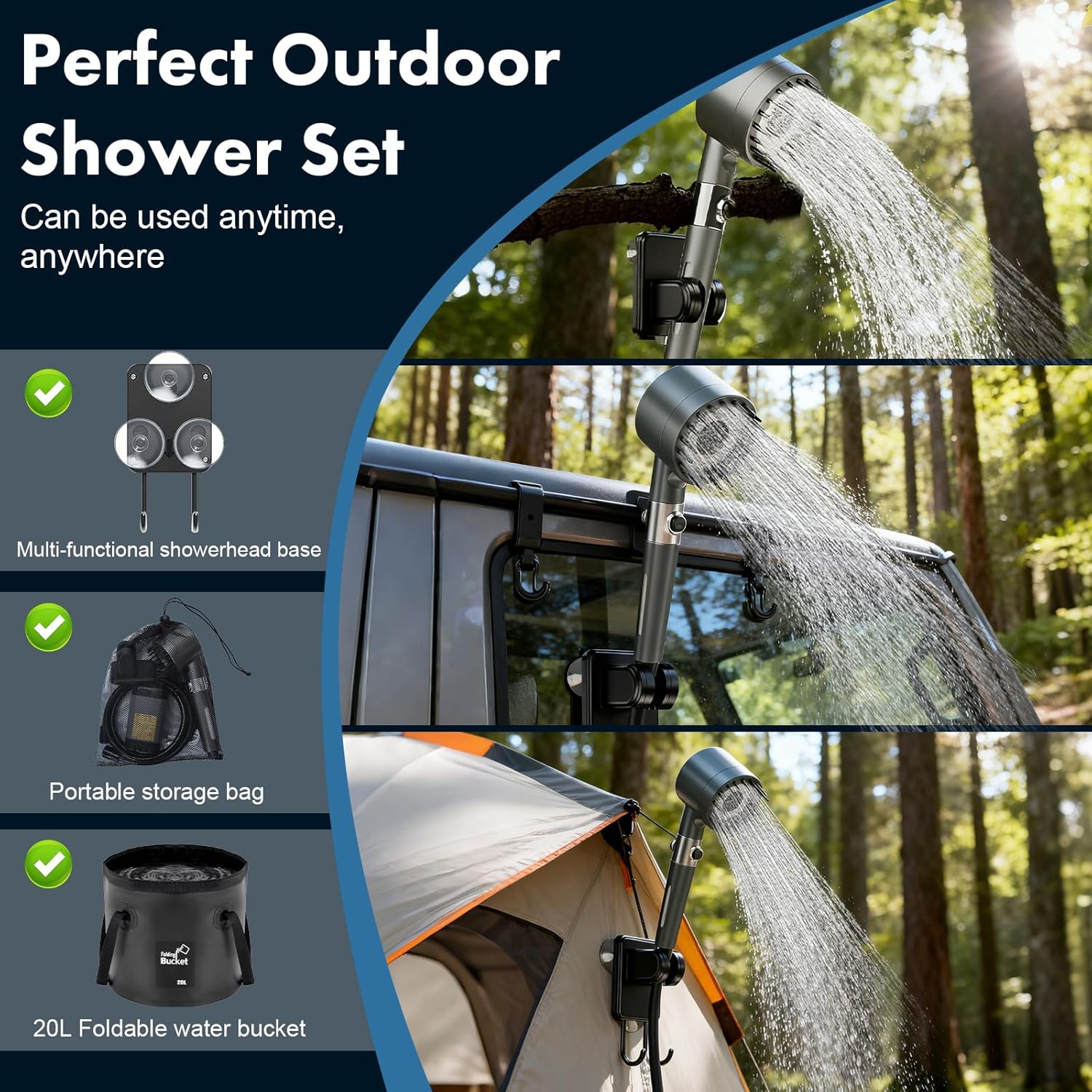 Portable Camping Shower with 6000mAh Rechargeable Pump & 20L Foldable Bucket – 4 Spray Modes, LED Display, IPX7 Waterproof Outdoor Shower for Hiking, Beach, Travel, Car & Pets