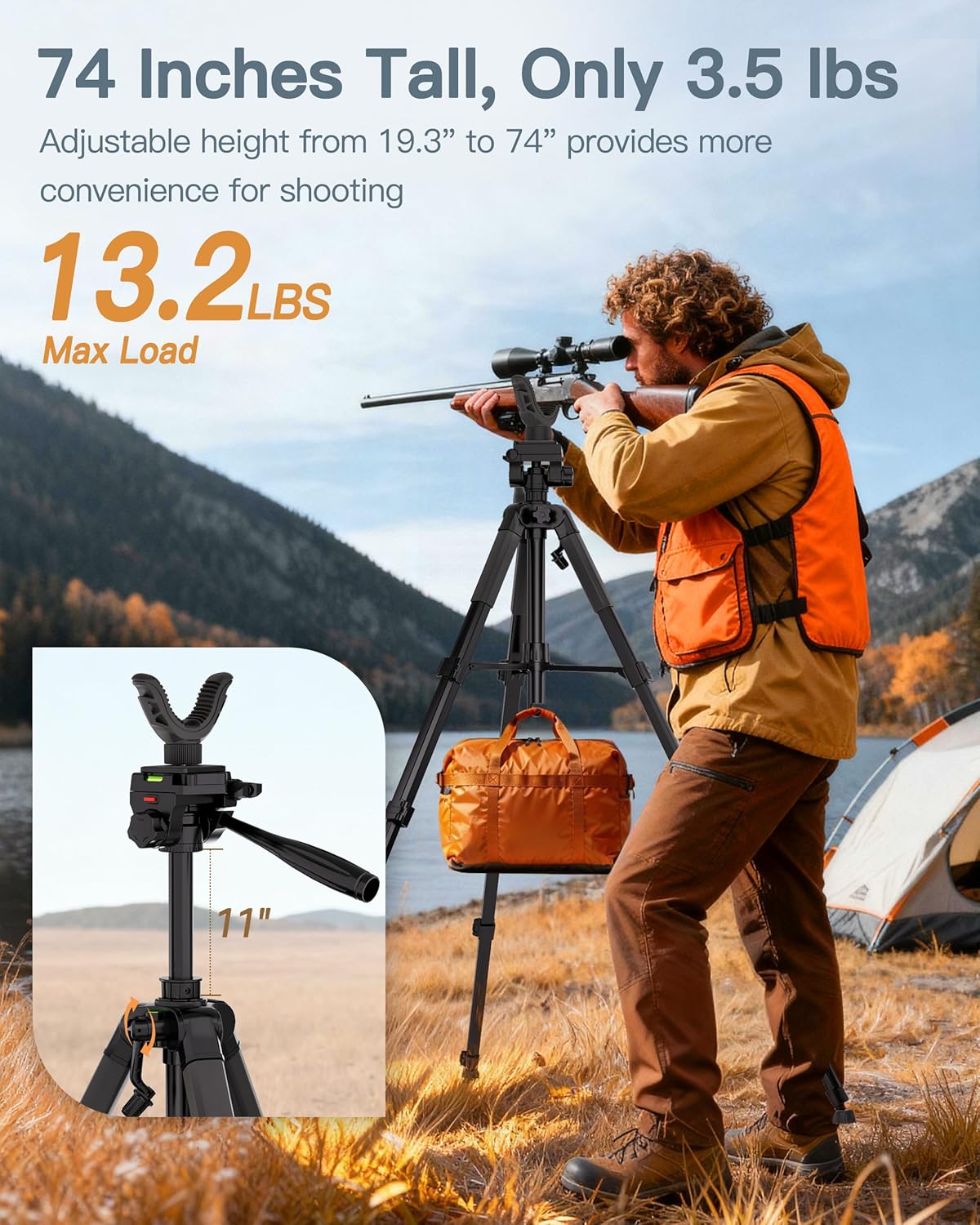 74-Inch Rifle Shooting Tripod – Adjustable Hunting Rest with V-Yoke, Aluminum Shooting Stand for Rifle & Crossbow | Includes Ground Spikes & Camo Straps for Outdoor Shooting