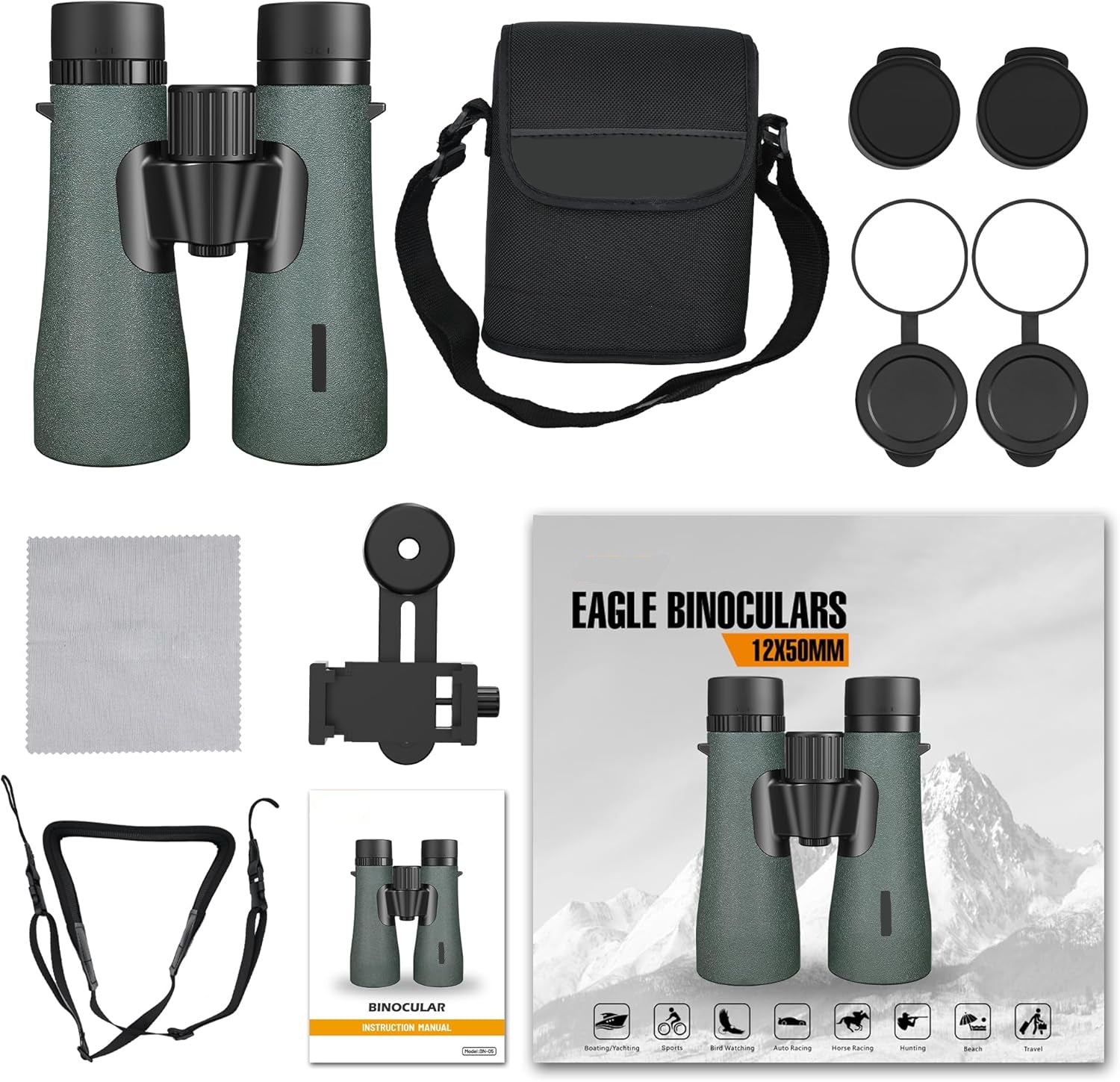 12×50 UHD Binoculars for Adults – High Powered Binoculars with Phone Adapter, Large Field of View, Lightweight & IPX7 Waterproof for Hunting, Bird Watching & Travel