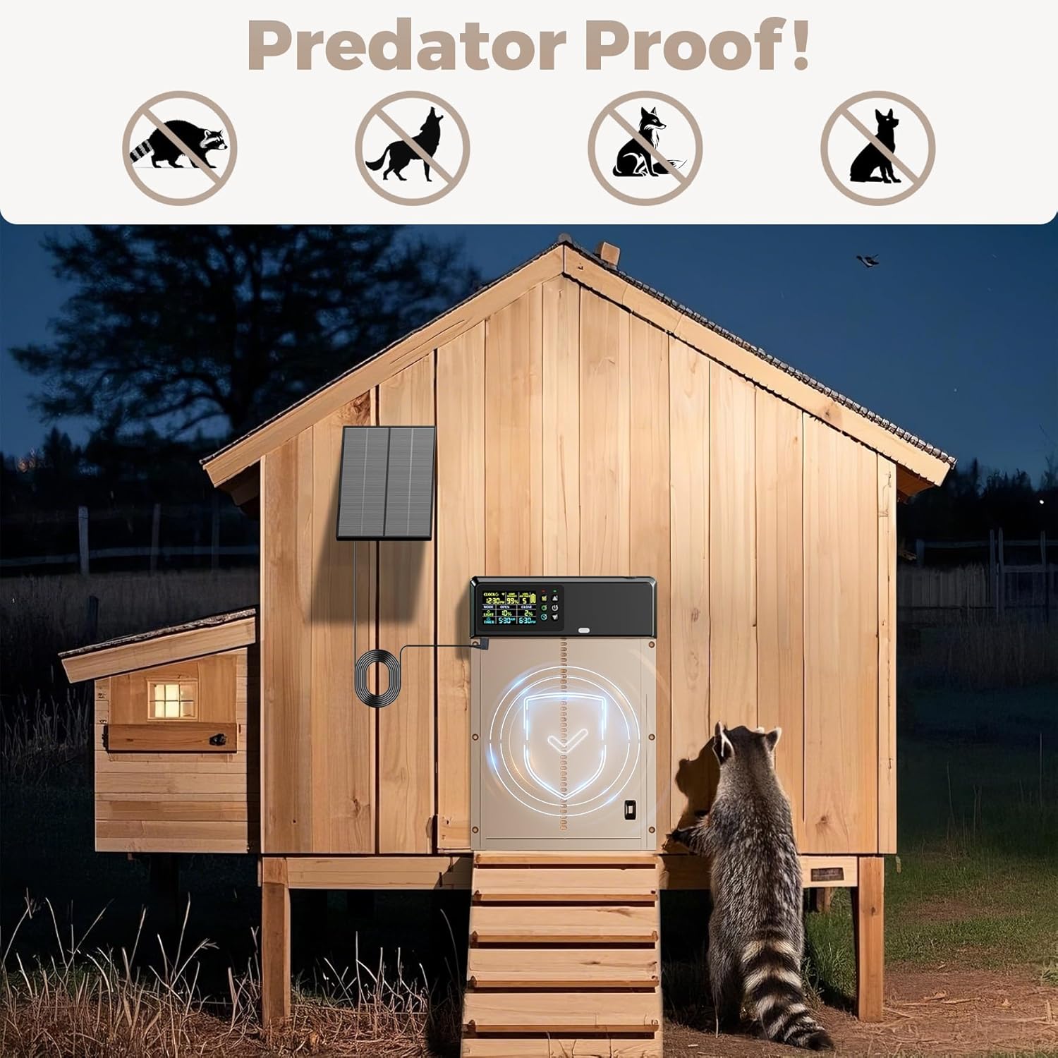 Solar Powered Automatic Chicken Coop Door with Remote Control, Timer & Light Sensor, 4 Operating Modes, Color LCD Display, Aluminum Auto Chicken Door with Adjustable Anti-Pinch Design