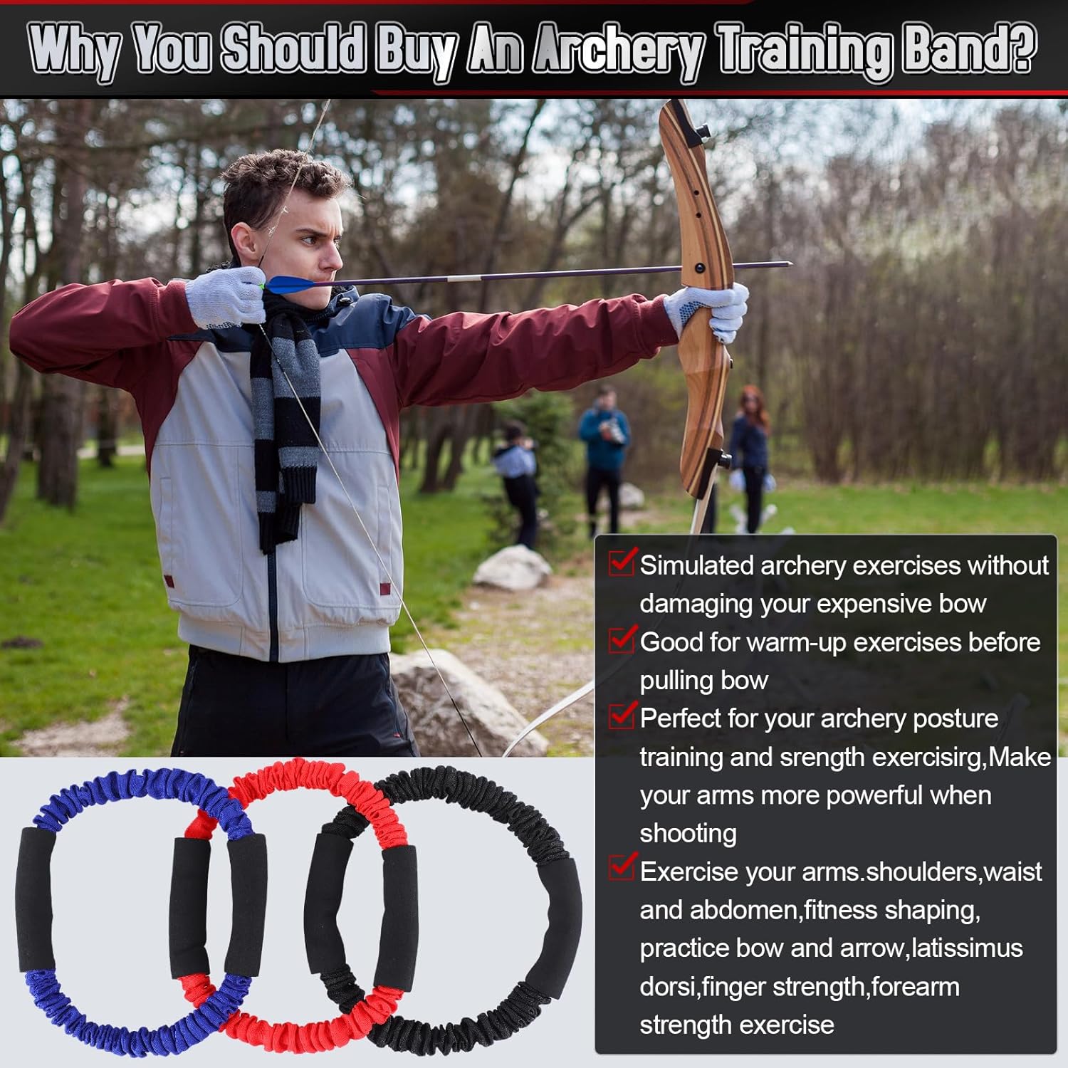 3-Piece Archery Bow Strength Trainer Set – 30/40/50 lbs Arm Strength Exercise Rubber Stretch Bands for Bow Practice & Shooting Accessories
