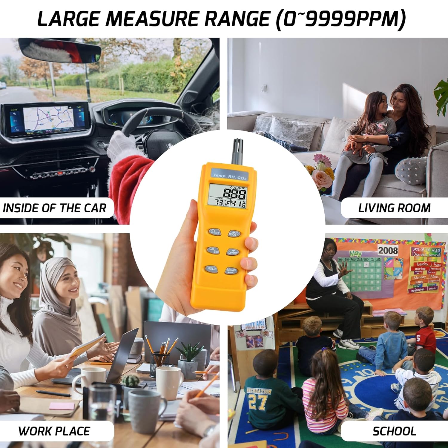 Handheld CO2 Meter – 0–9999ppm NDIR Sensor, Adjustable Alarm, Temp/Humidity/Dew Point Display