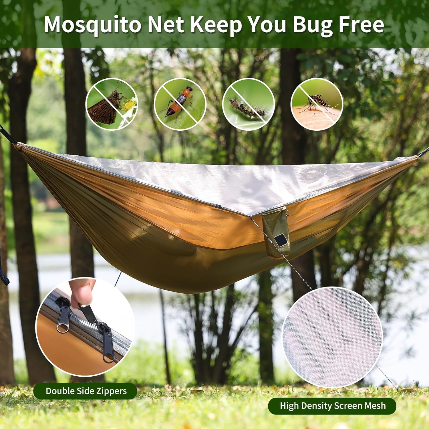 Camping Hammock with Mosquito Net – 9.5 ft, 500 lb, 201T Nylon, Two 10ft Straps | Green & Khaki
