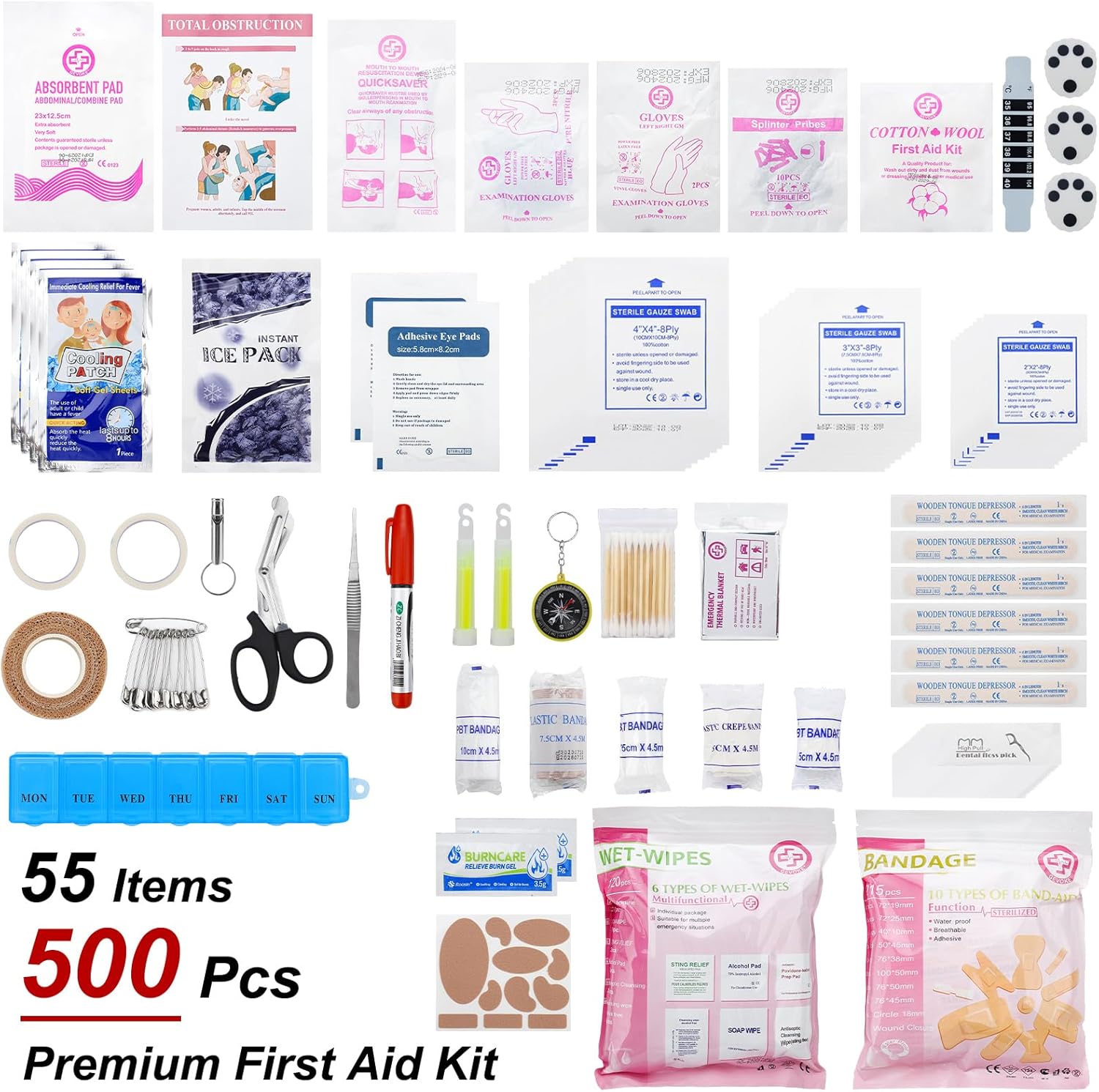 500-Piece Emergency First Aid Kit – Labeled Compartments, 1680D Waterproof, Reflective Strips & Shoulder Strap