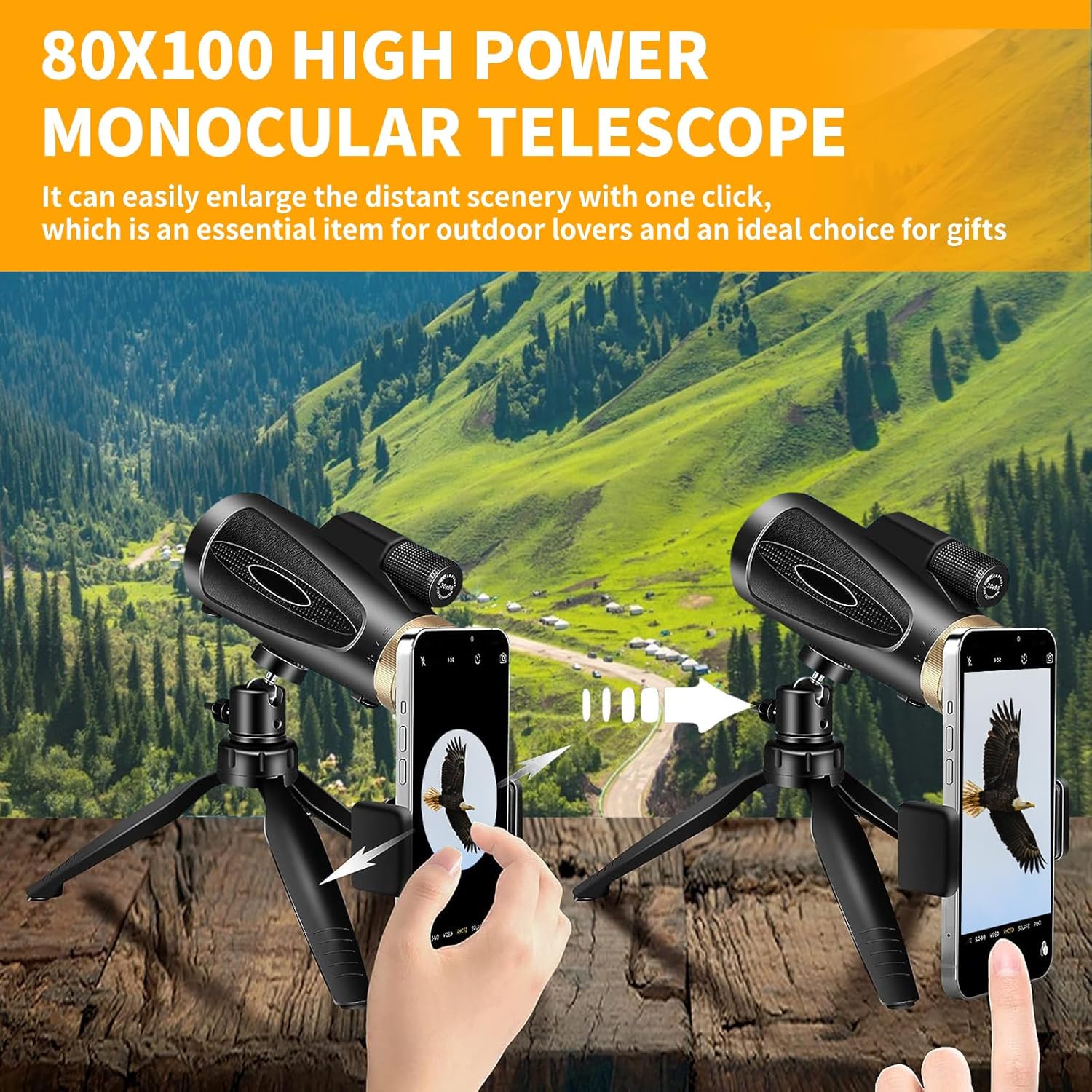 80x100 HD Monocular Telescope with Tripod & Phone Adapter – High Power Monoculars for Adults, Bird Watching, Stargazing, Hunting, Hiking, Camping, Wildlife, and Travel