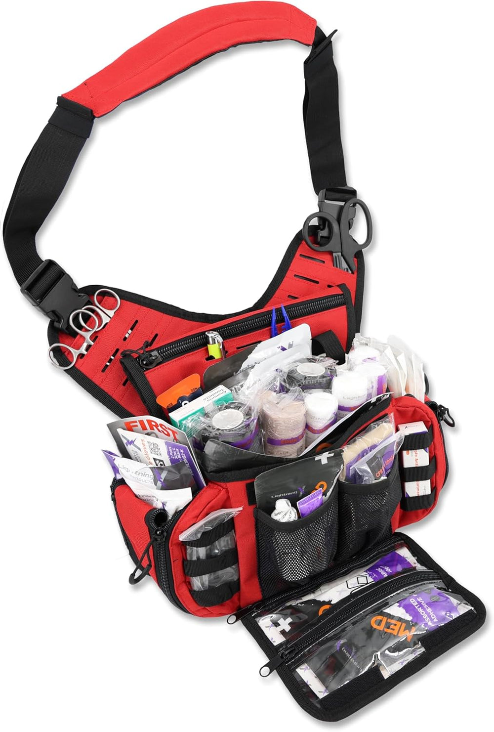 Tactical Medical Sling Pack – Fully Stocked First Aid Kit, 10 Compartments, MOLLE & Quick-Release Strap