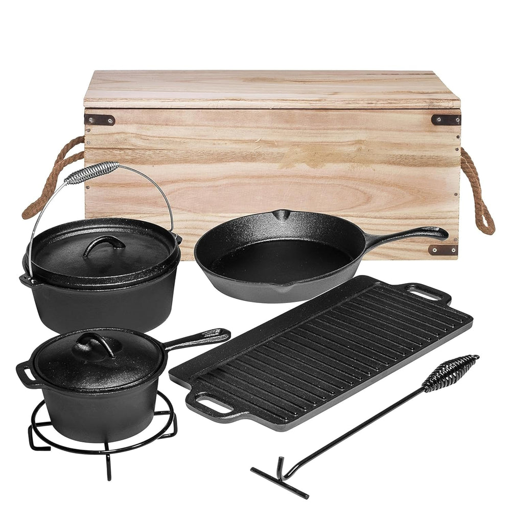 Cast Iron Camping Cookware Set 7-Piece – Pre-Seasoned Dutch Oven, Skillet, Griddle, Saucepot & Wooden Storage Box | Campfire & Grill