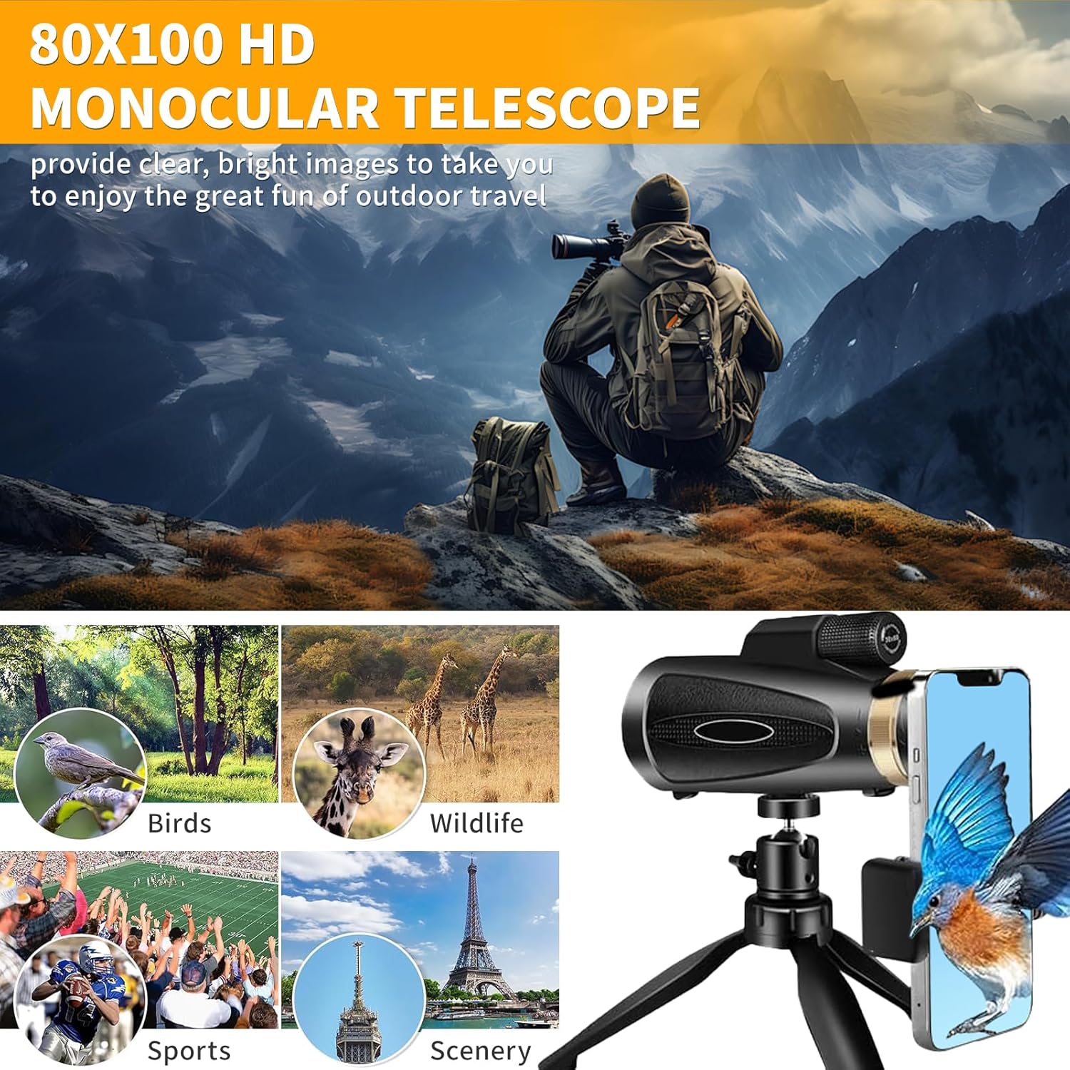80x100 HD Monocular Telescope with Tripod & Phone Adapter – High Power Monoculars for Adults, Bird Watching, Stargazing, Hunting, Hiking, Camping, Wildlife, and Travel