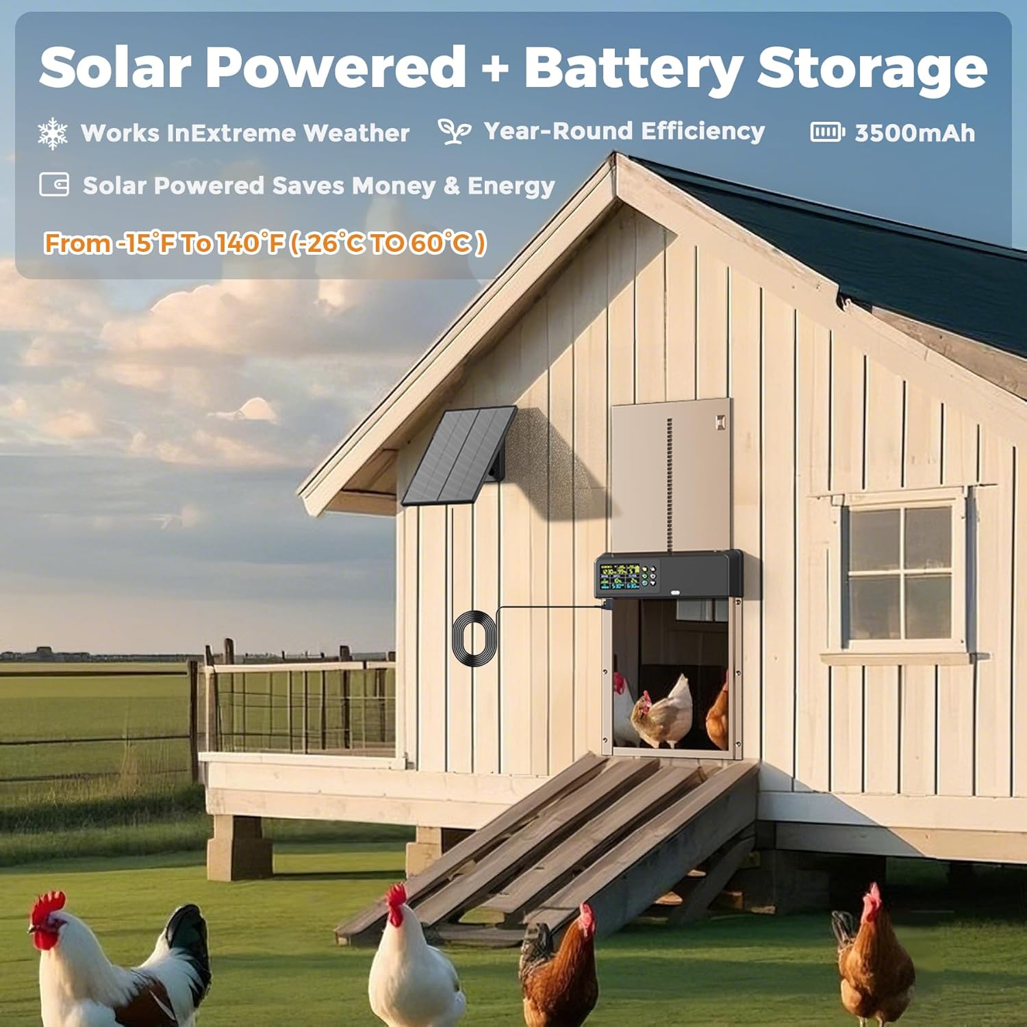 Solar Powered Automatic Chicken Coop Door with Remote Control, Timer & Light Sensor, 4 Operating Modes, Color LCD Display, Aluminum Auto Chicken Door with Adjustable Anti-Pinch Design