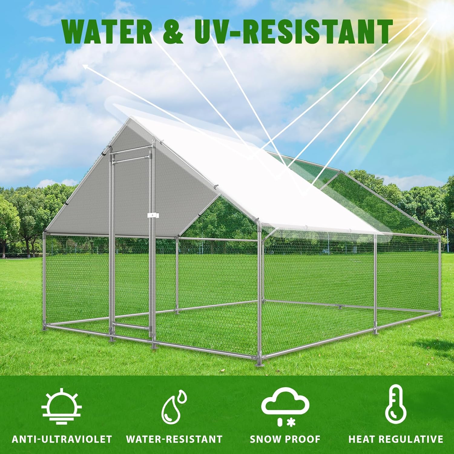13.1’L x 9.8’W x 6.5’H Large Walk-in Metal Chicken Coop – Outdoor Poultry Cage with Waterproof & UV-Resistant Cover, Secure Enclosure for Chickens, Ducks, Rabbits, and Pets