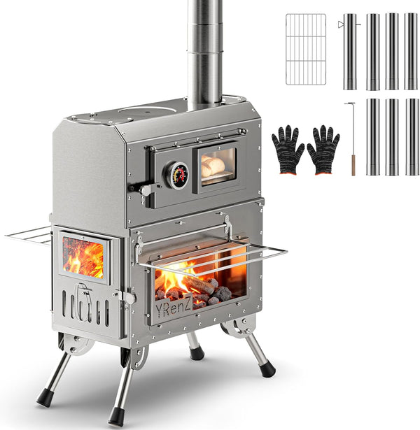 Hot Tent Wood Stove with Built-In Oven – Stainless Steel, Glass Door, Temperature Gauge, Secondary Airflow | 2-in-1 Heater & Camp Oven