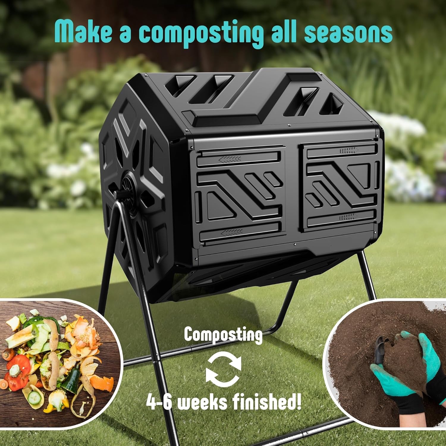 43-Gallon Dual Chamber Outdoor Compost Tumbler – Heavy-Duty Rotating Composter with Fast Assembly, Easy Setup, and Bonus Gloves – Ideal for Patio, Garden, or Yard
