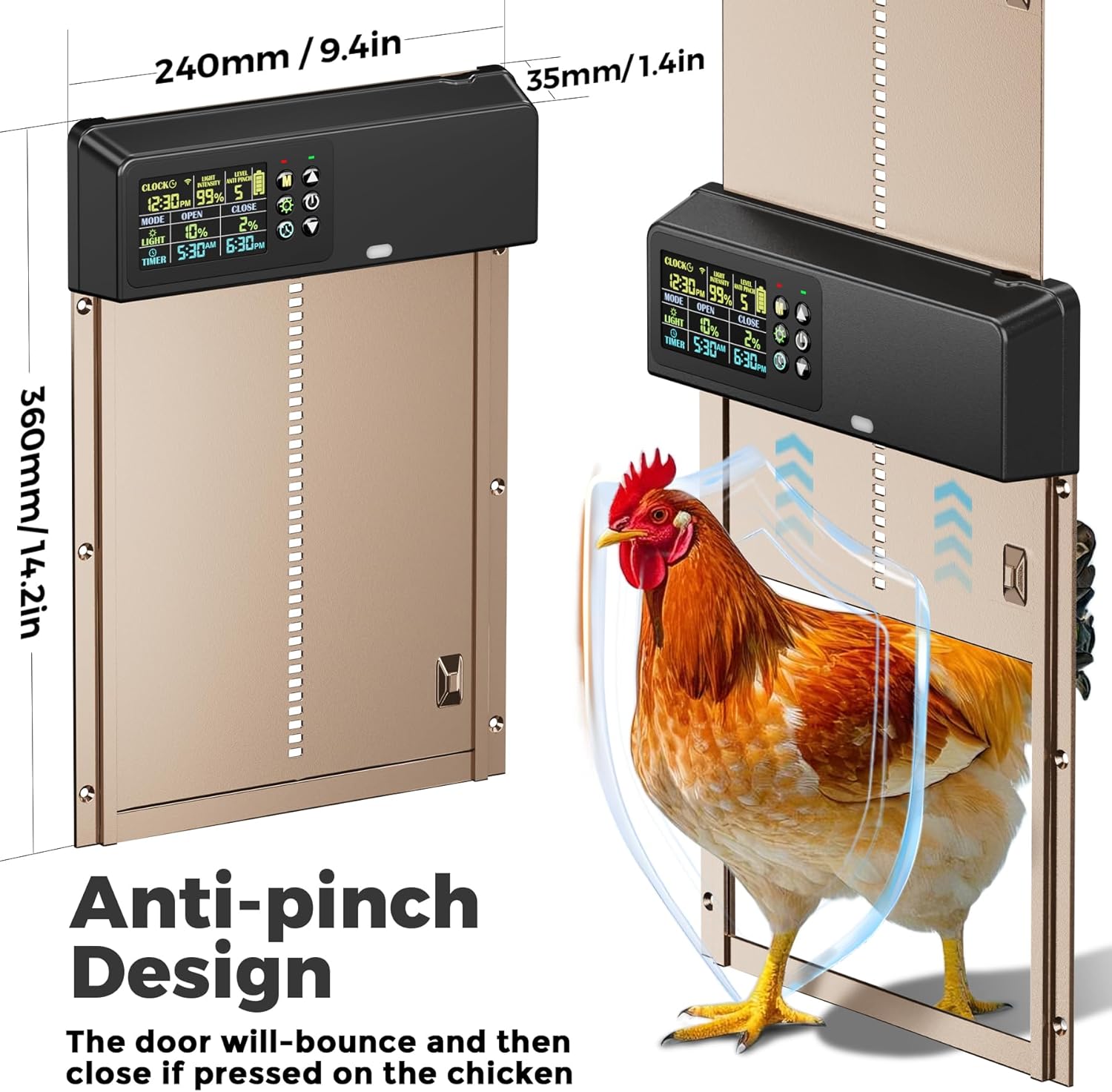 Solar Powered Automatic Chicken Coop Door with Remote Control, Timer & Light Sensor, 4 Operating Modes, Color LCD Display, Aluminum Auto Chicken Door with Adjustable Anti-Pinch Design