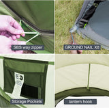Detail views of the zipper, a ground stake, an interior storage pocket, and a lantern hook