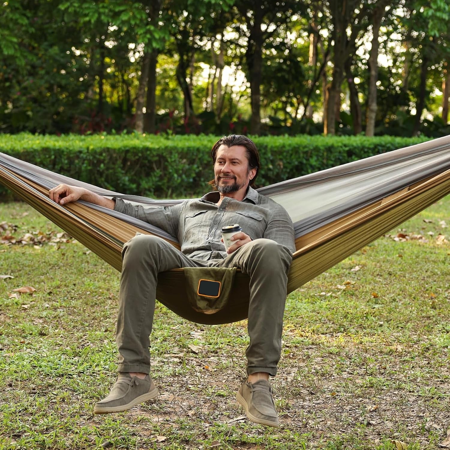 Camping Hammock with Mosquito Net – 9.5 ft, 500 lb, 201T Nylon, Two 10ft Straps | Green & Khaki