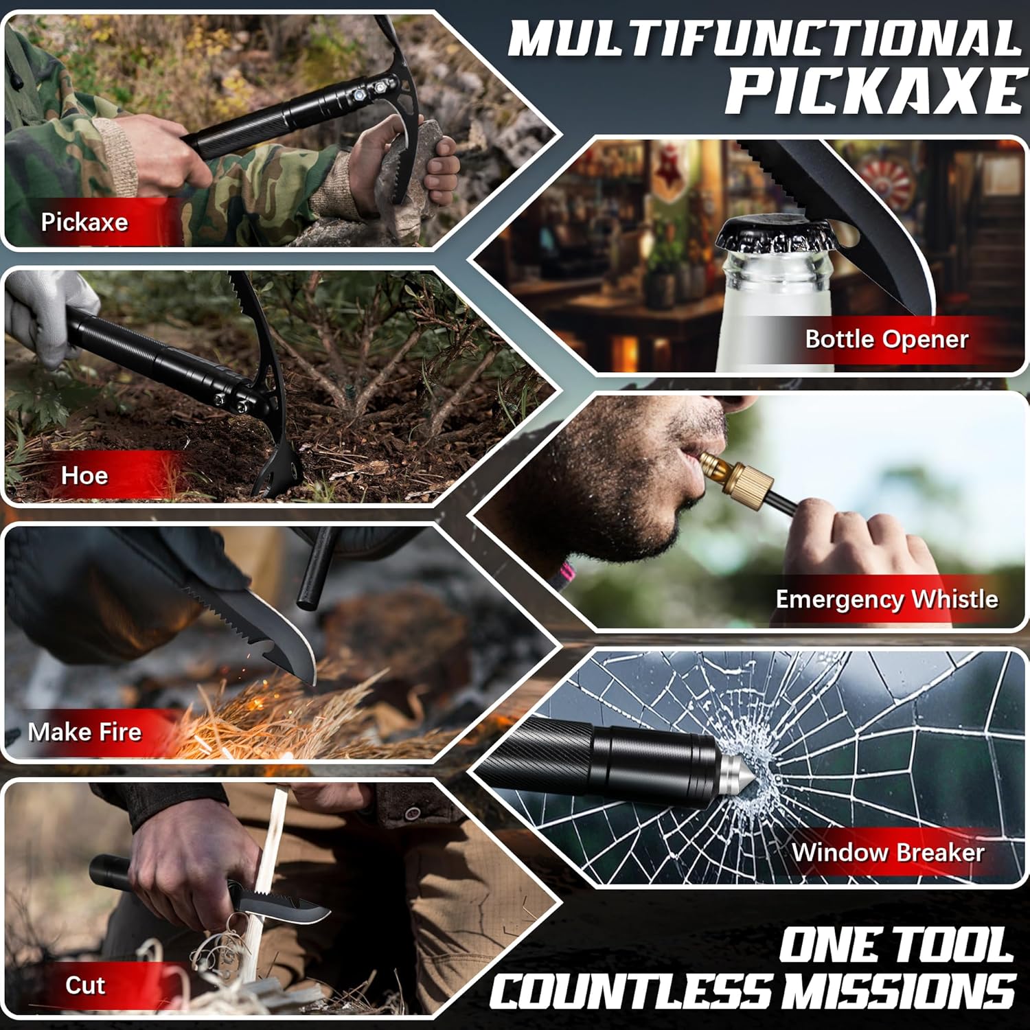 8-in-1 Folding Pick Axe & Mattock – Multi-Purpose Stainless Steel Pickaxe with Survival Knife & Garden Hoe | Portable Tool for Digging, Weeding, Camping & Ice Chipping