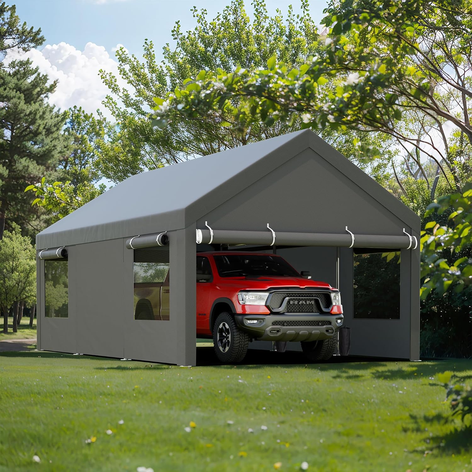 12x20 FT Heavy-Duty Carport Canopy – Portable Car Shelter with Removable Sidewalls & Doors | All-Season Waterproof Tarp for Vehicle Protection – Grey