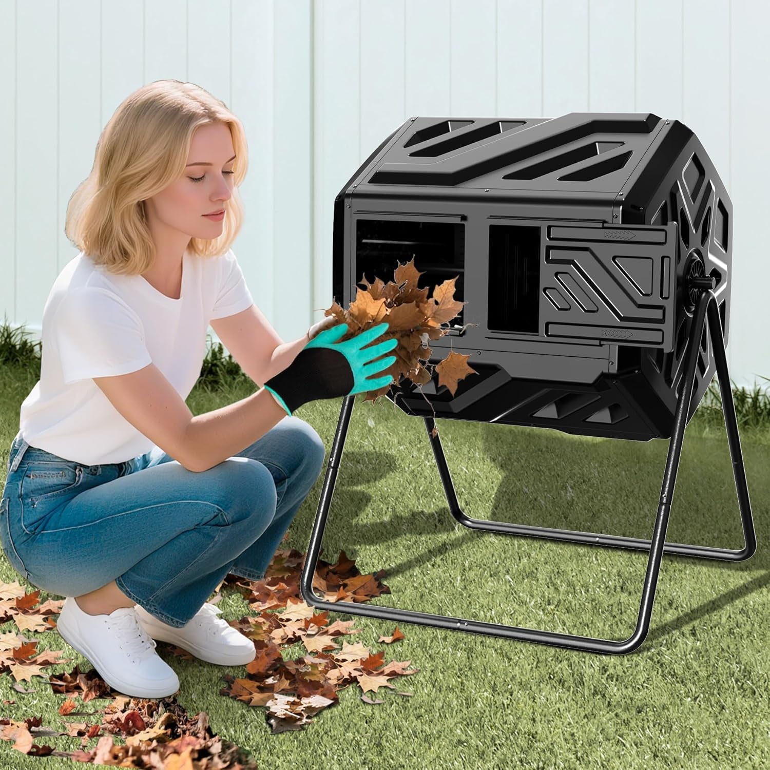43-Gallon Dual Chamber Outdoor Compost Tumbler – Heavy-Duty Rotating Composter with Fast Assembly, Easy Setup, and Bonus Gloves – Ideal for Patio, Garden, or Yard