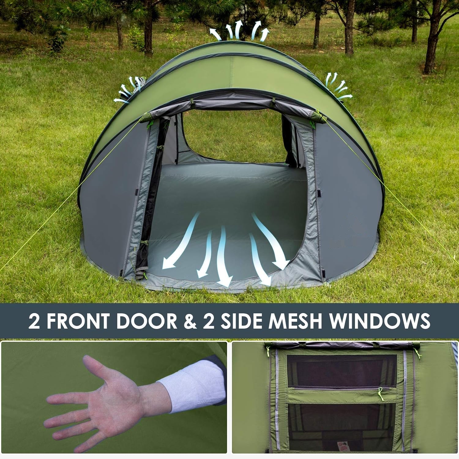 4 Person Pop Up Tent – Instant Setup, Waterproof, 2 Doors | Family Camping Tent
