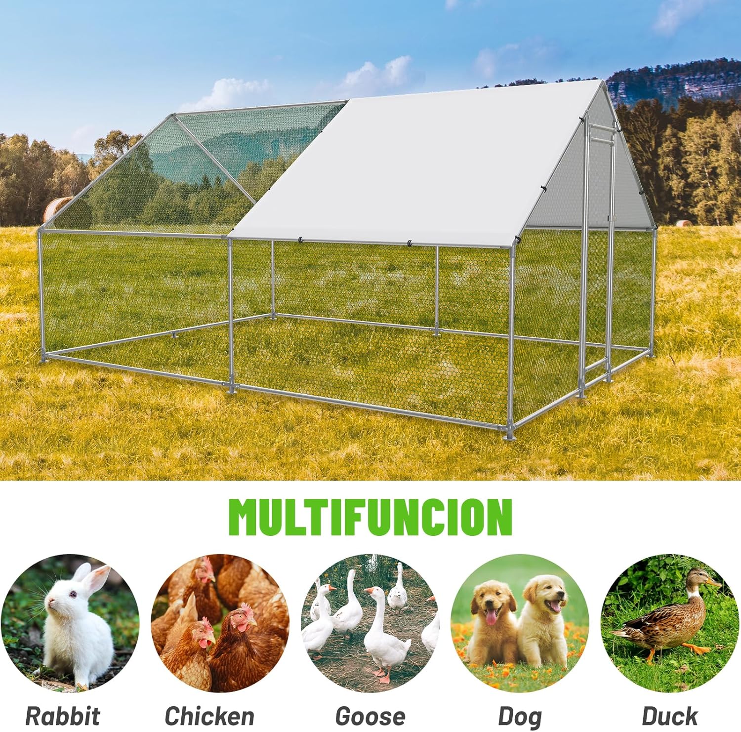 13.1’L x 9.8’W x 6.5’H Large Walk-in Metal Chicken Coop – Outdoor Poultry Cage with Waterproof & UV-Resistant Cover, Secure Enclosure for Chickens, Ducks, Rabbits, and Pets