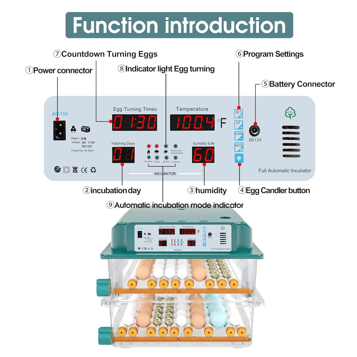 120-Egg Automatic Incubator with Digital Temperature & Humidity Control – Auto Egg Turning, Built-in Egg Candler, and Incubation Day Tracker for Chicken, Duck, and Quail Eggs