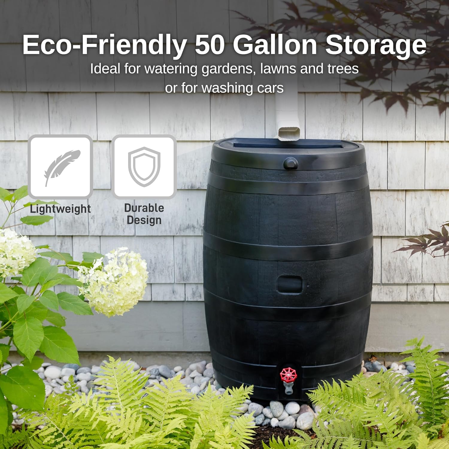 50-Gallon Flat Back Rain Barrel – Made from 100% Recycled Plastic | Eco-Friendly Rainwater Collection System for Gardens & Lawns