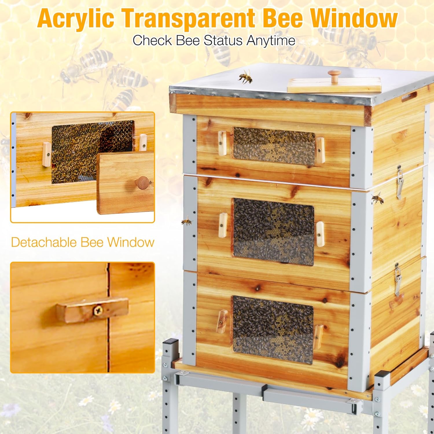 3-Layer Langstroth Beehive Starter Kit – Metal Frame Bee House with 10 Medium & 20 Deep Frames, Foundations & Metal Stand