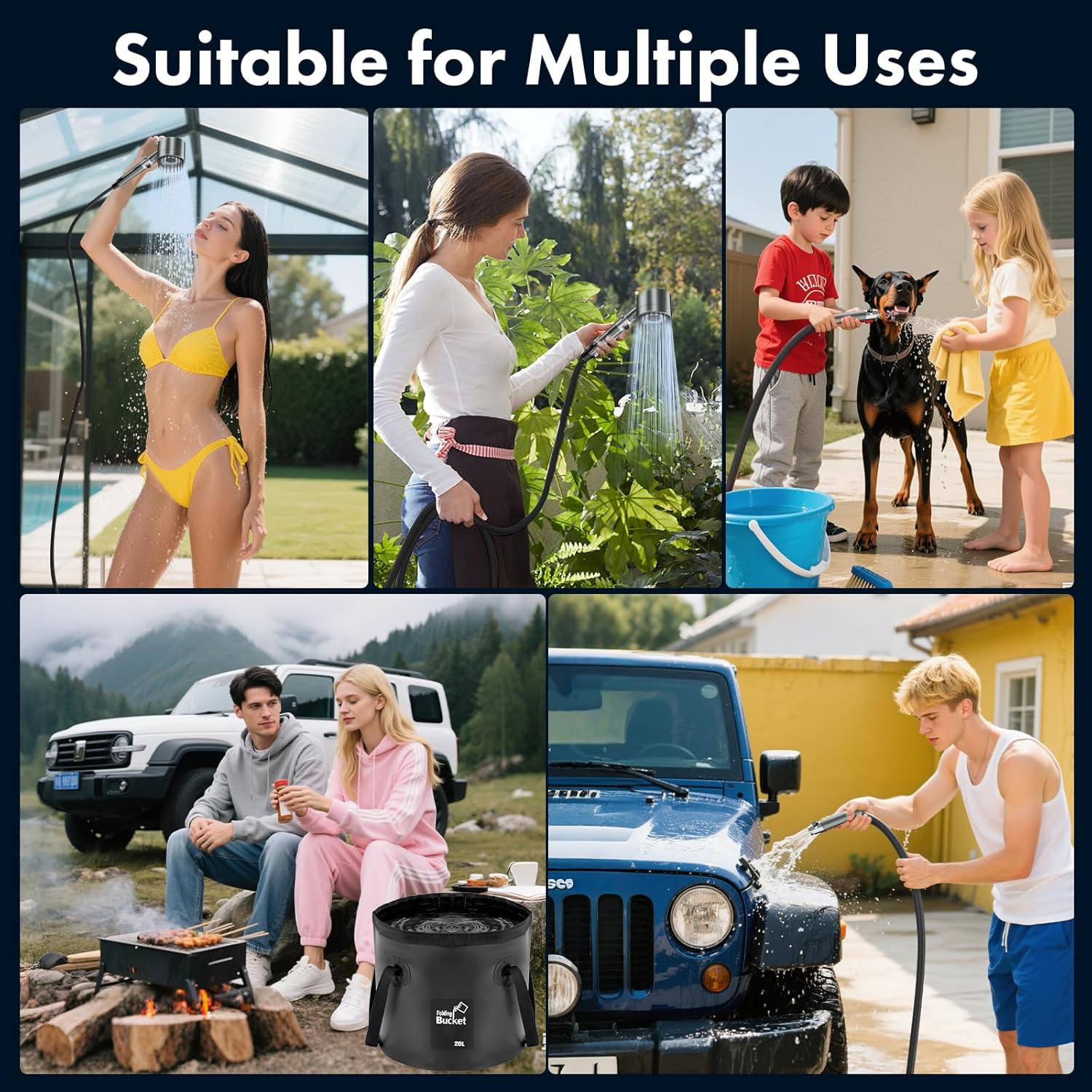 Portable Camping Shower with 6000mAh Rechargeable Pump & 20L Foldable Bucket – 4 Spray Modes, LED Display, IPX7 Waterproof Outdoor Shower for Hiking, Beach, Travel, Car & Pets