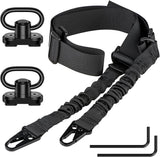 Two-point M-LOK rifle sling with QD swivels and elastic shock cord, shown fully extended