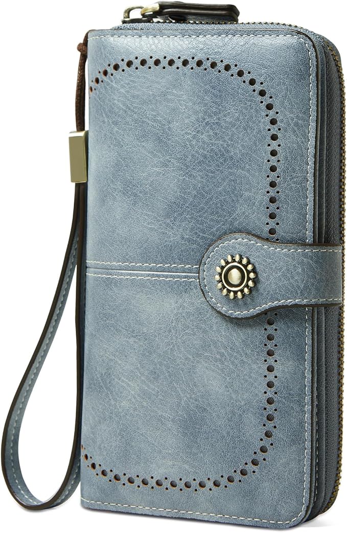 Women's RFID Blocking Leather Wallet – Large Capacity Card Holder, Phone Clutch, Travel Wristlet Purse