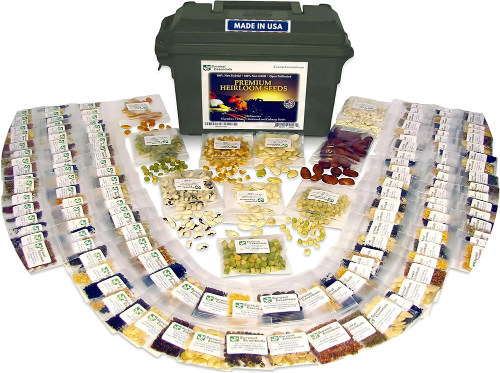 Ultimate Heirloom Seed Vault – 144 Non-GMO Heirloom Seed Varieties in Airtight Ammo Can, 23,000 Survival Seeds for Vegetables, Fruits, & Herbs – Premium Emergency & Prepper Supplies
