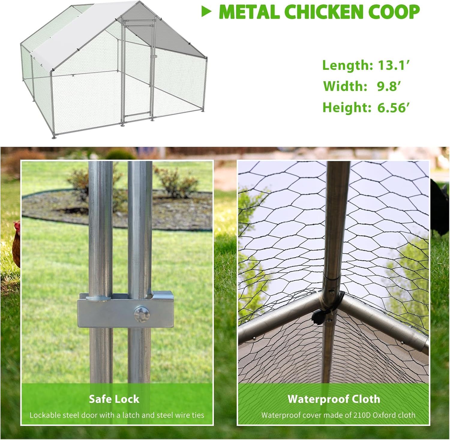 13.1’L x 9.8’W x 6.5’H Large Walk-in Metal Chicken Coop – Outdoor Poultry Cage with Waterproof & UV-Resistant Cover, Secure Enclosure for Chickens, Ducks, Rabbits, and Pets