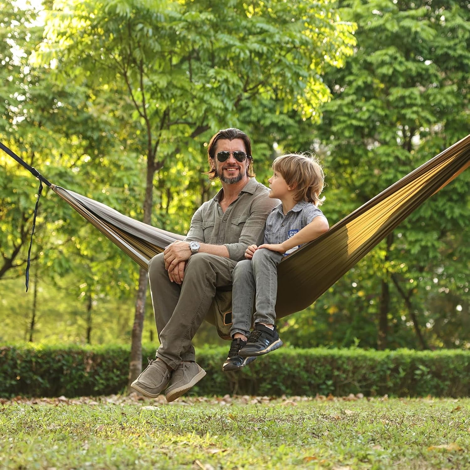 Camping Hammock with Mosquito Net – 9.5 ft, 500 lb, 201T Nylon, Two 10ft Straps | Green & Khaki