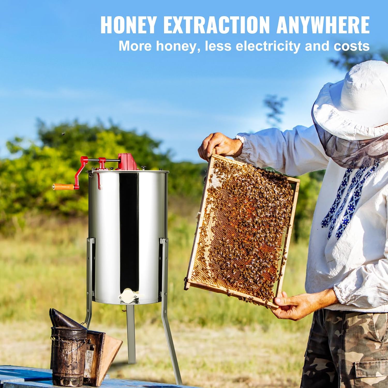 2/4 Frame Stainless Steel Honey Extractor – Manual Beekeeping Spinner with Transparent Lid & Adjustable Height Stand, Durable Honeycomb Drum for Apiary Use (Silver)