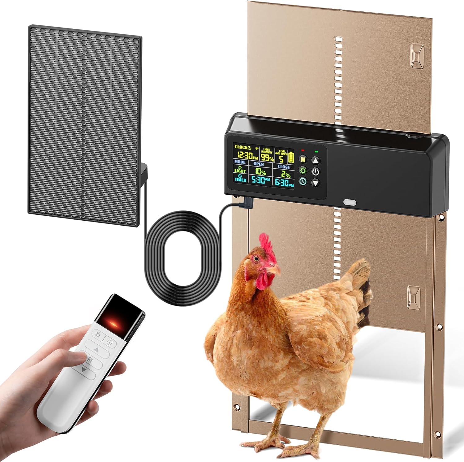 Solar Powered Automatic Chicken Coop Door with Remote Control, Timer & Light Sensor, 4 Operating Modes, Color LCD Display, Aluminum Auto Chicken Door with Adjustable Anti-Pinch Design