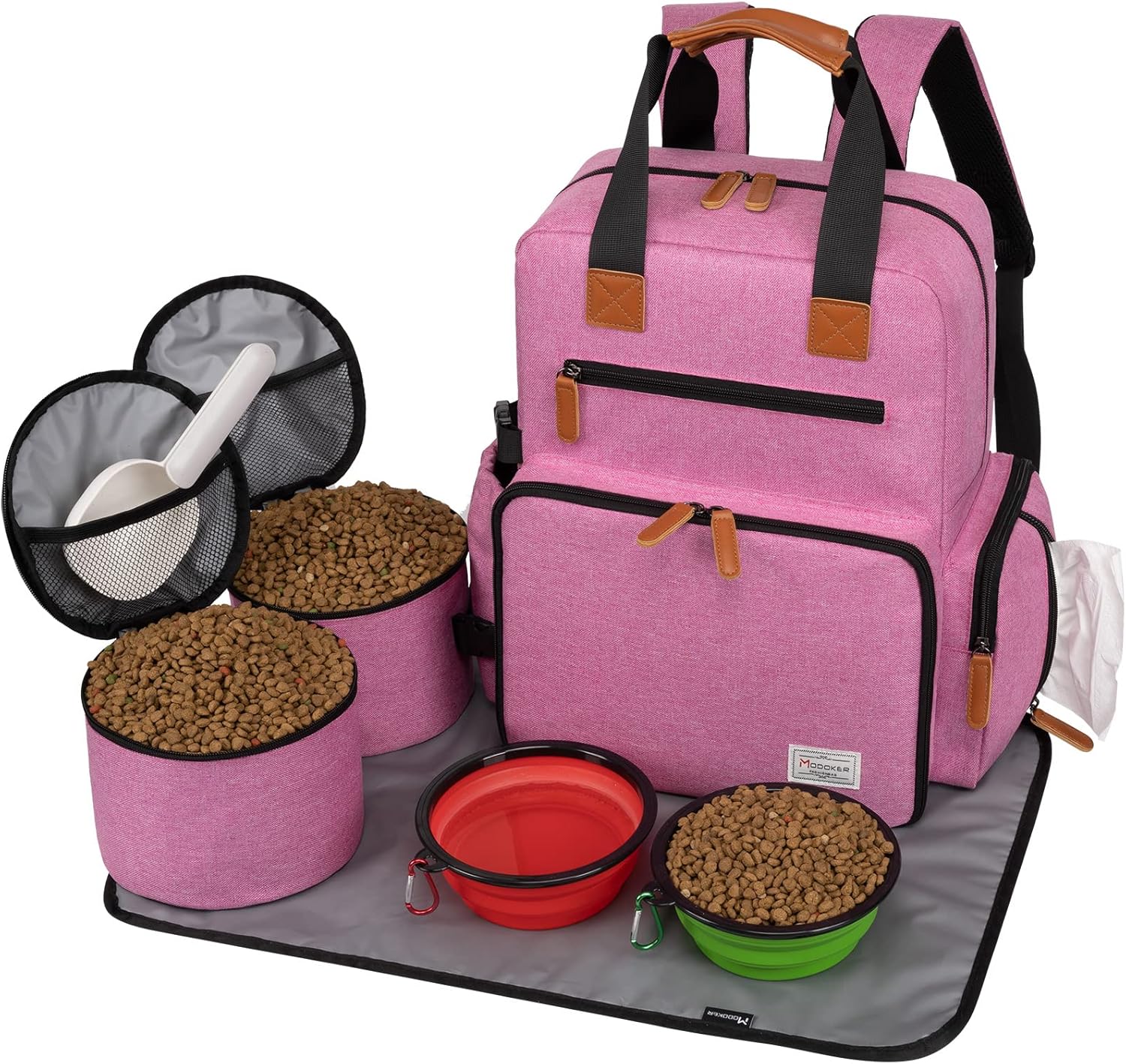 Dog Travel Bag, Airline Approved Backpack for Pet Accessories Organizer, Tote Weekend Bag with 2 Dog Food Storage Containers, 2 Collapsible Dog Bowls, 1 Pet Mat