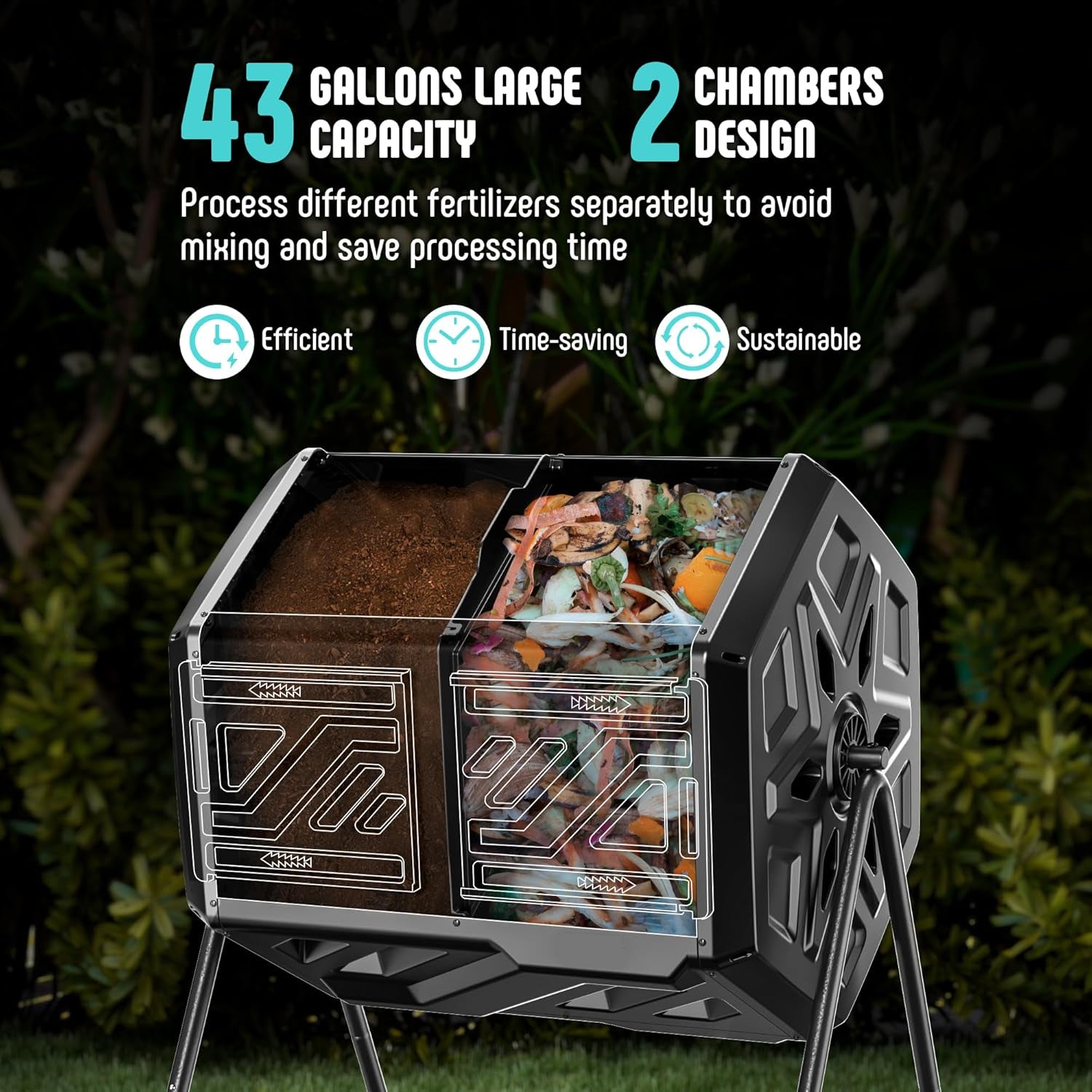 43-Gallon Dual Chamber Outdoor Compost Tumbler – Heavy-Duty Rotating Composter with Fast Assembly, Easy Setup, and Bonus Gloves – Ideal for Patio, Garden, or Yard