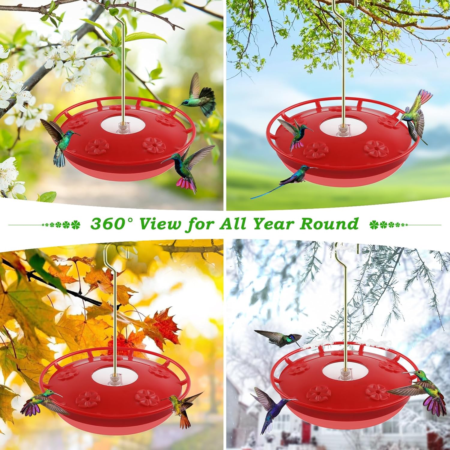 2-Pack 16oz Hummingbird Feeders for Outdoors – 5 Feeding Ports, Ant & Bee Proof, Leak-Proof Design, Easy to Fill & Clean with Brushes – Red Hanging Bird Feeder Set for Garden & Backyard