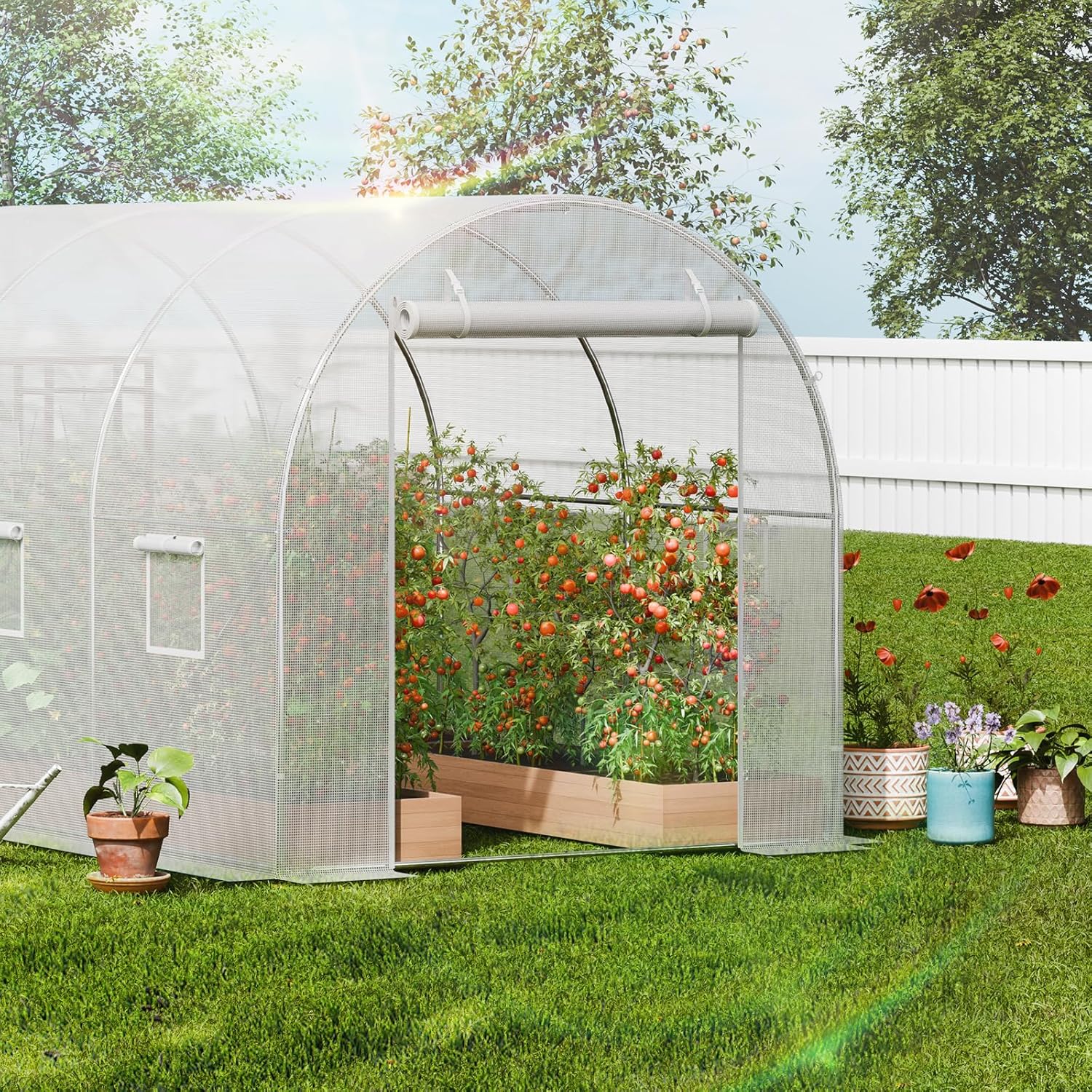 14.6×6.4×6.3 ft Walk-In Tunnel Greenhouse – Heavy-Duty Hoop House with Galvanized Steel Frame, White PE Cover, Roll-Up Zipper Door & 8 Vent Windows for Outdoor Gardening