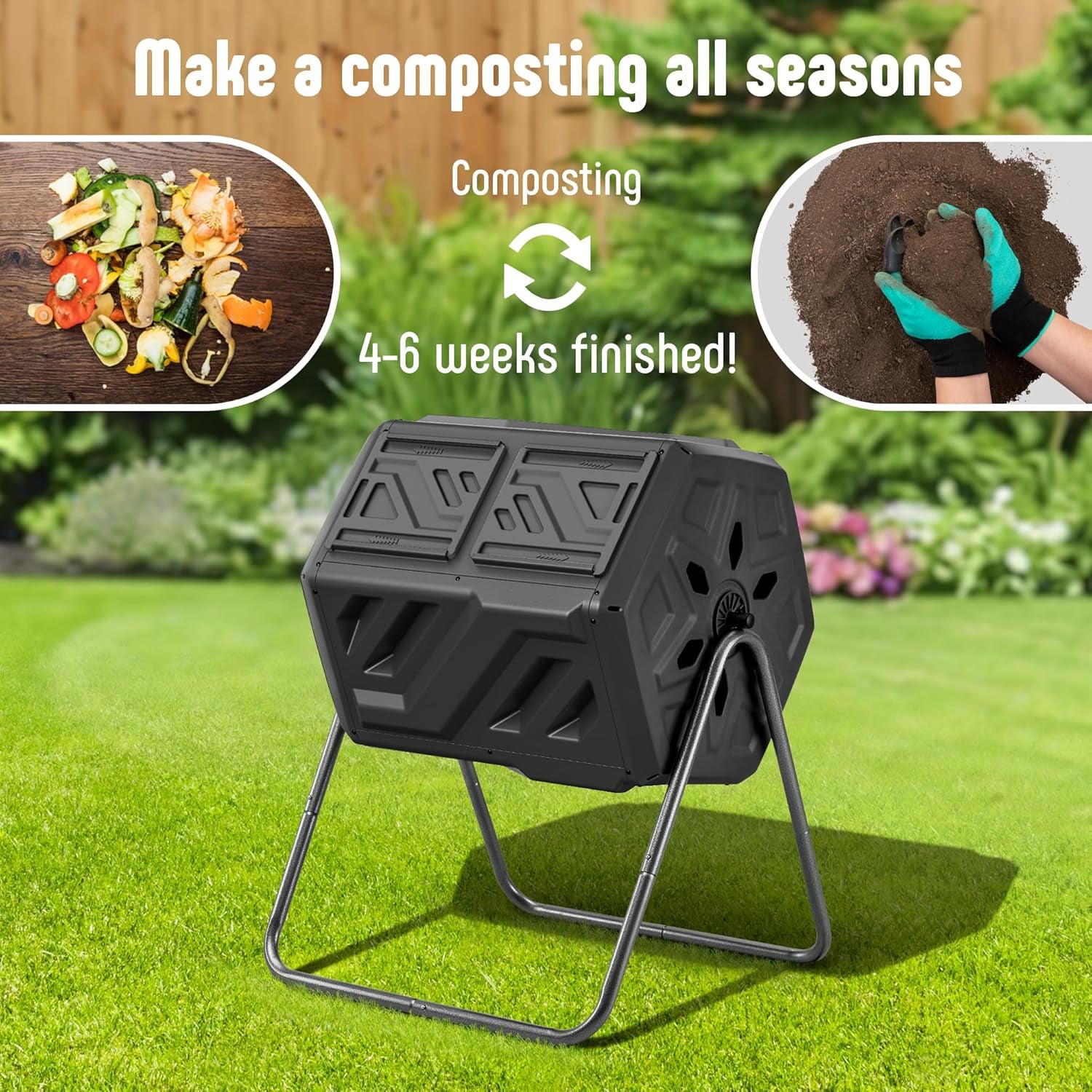 43-Gallon Dual Chamber Outdoor Compost Tumbler – Heavy-Duty Rotating Composter with Fast Assembly, Easy Setup, and Bonus Gloves – Ideal for Patio, Garden, or Yard