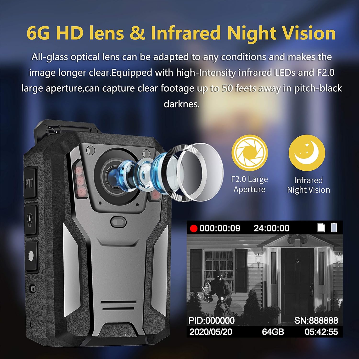 Body Camera 2K – 64GB, 12-Hour Recording, IR Night Vision 50ft, Data Encrypted, One-Touch, USB-C
