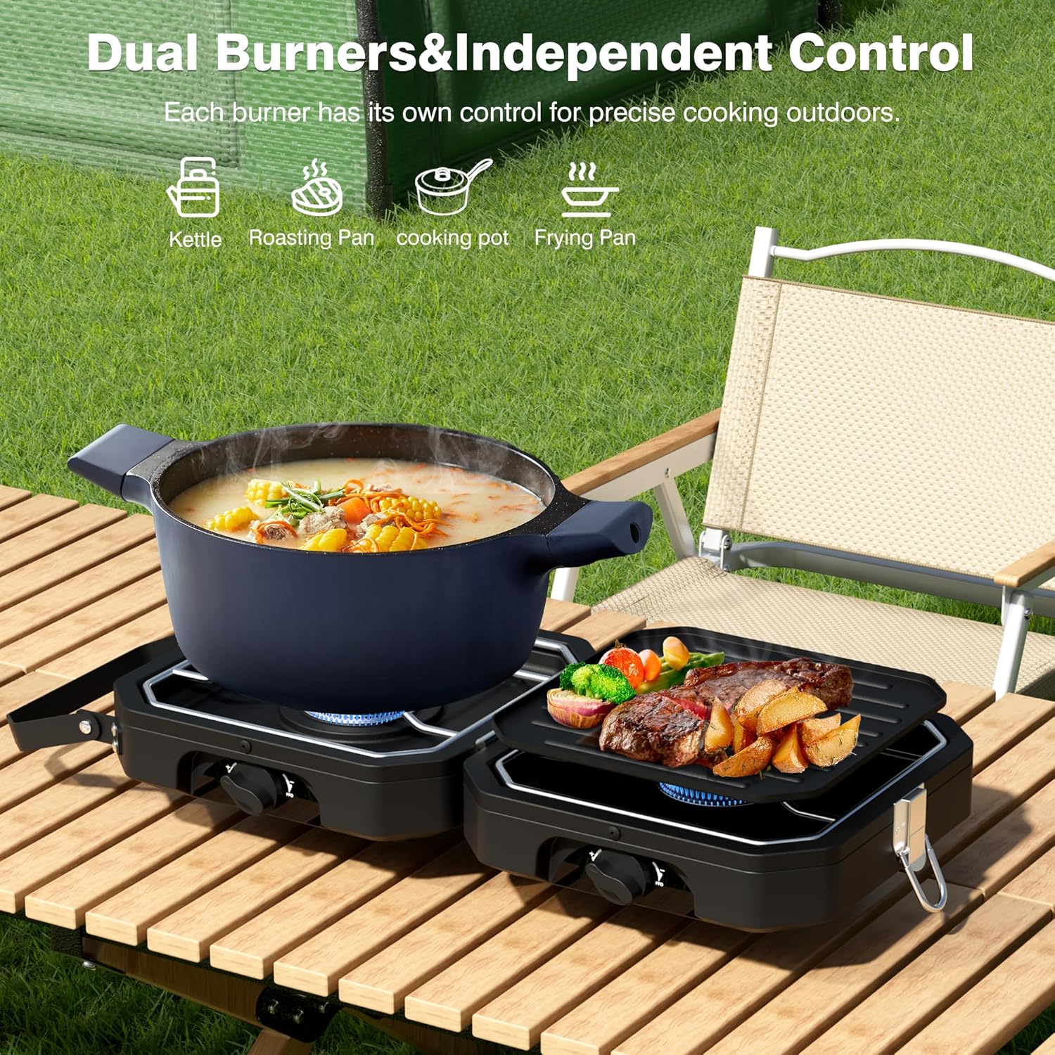 Portable 2-Burner Propane Camping Stove – Foldable Outdoor Gas Camp Stove with Independently Adjustable Heat & Carry Bag for Camping, Tailgating, BBQ & Backyard Cooking