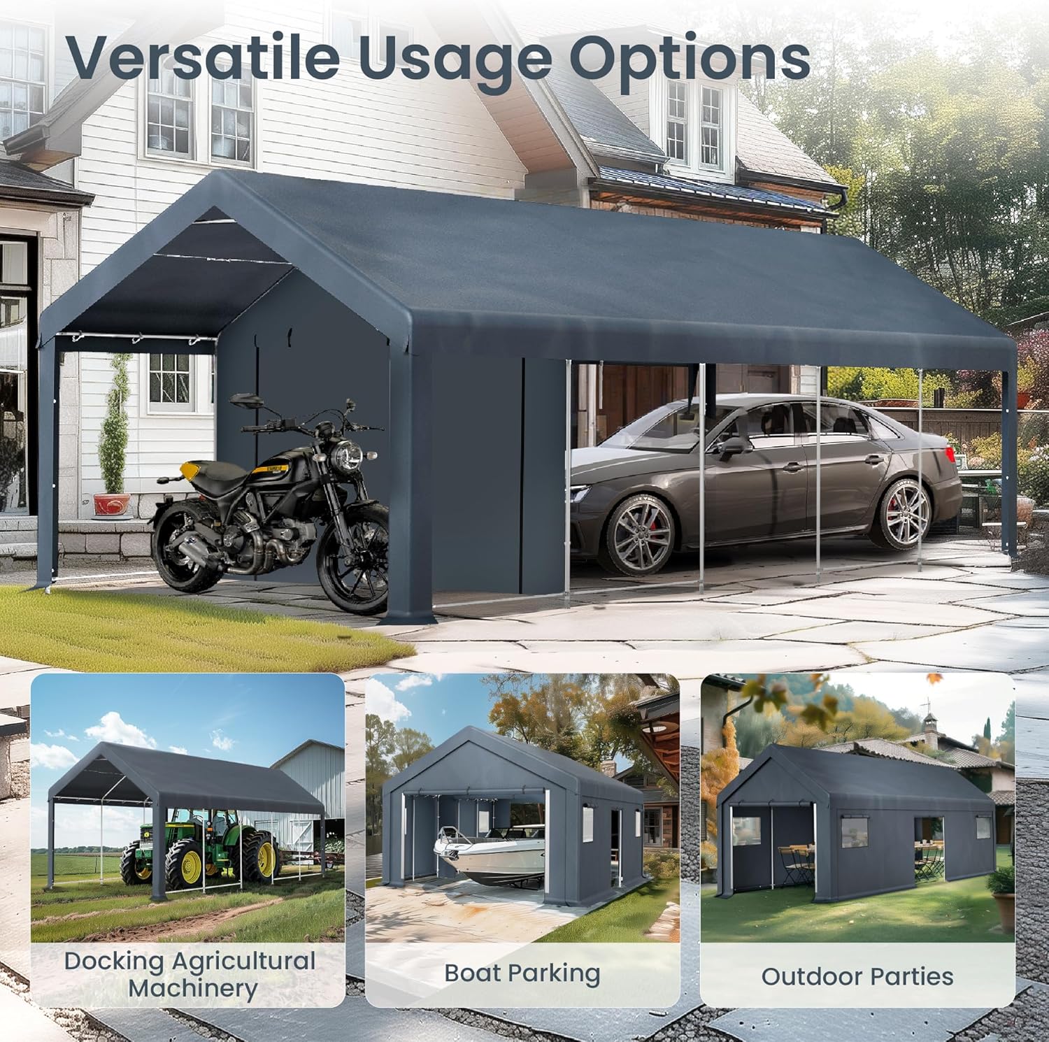 13x24x9.6 Ft Portable Storage Shelter Garage – Waterproof UV-Resistant Carport Tent with Roll-Up Zipper Doors & Air Vents | Anti-Snow Outdoor Shed for Car, Motorcycle & Equipment – Gray