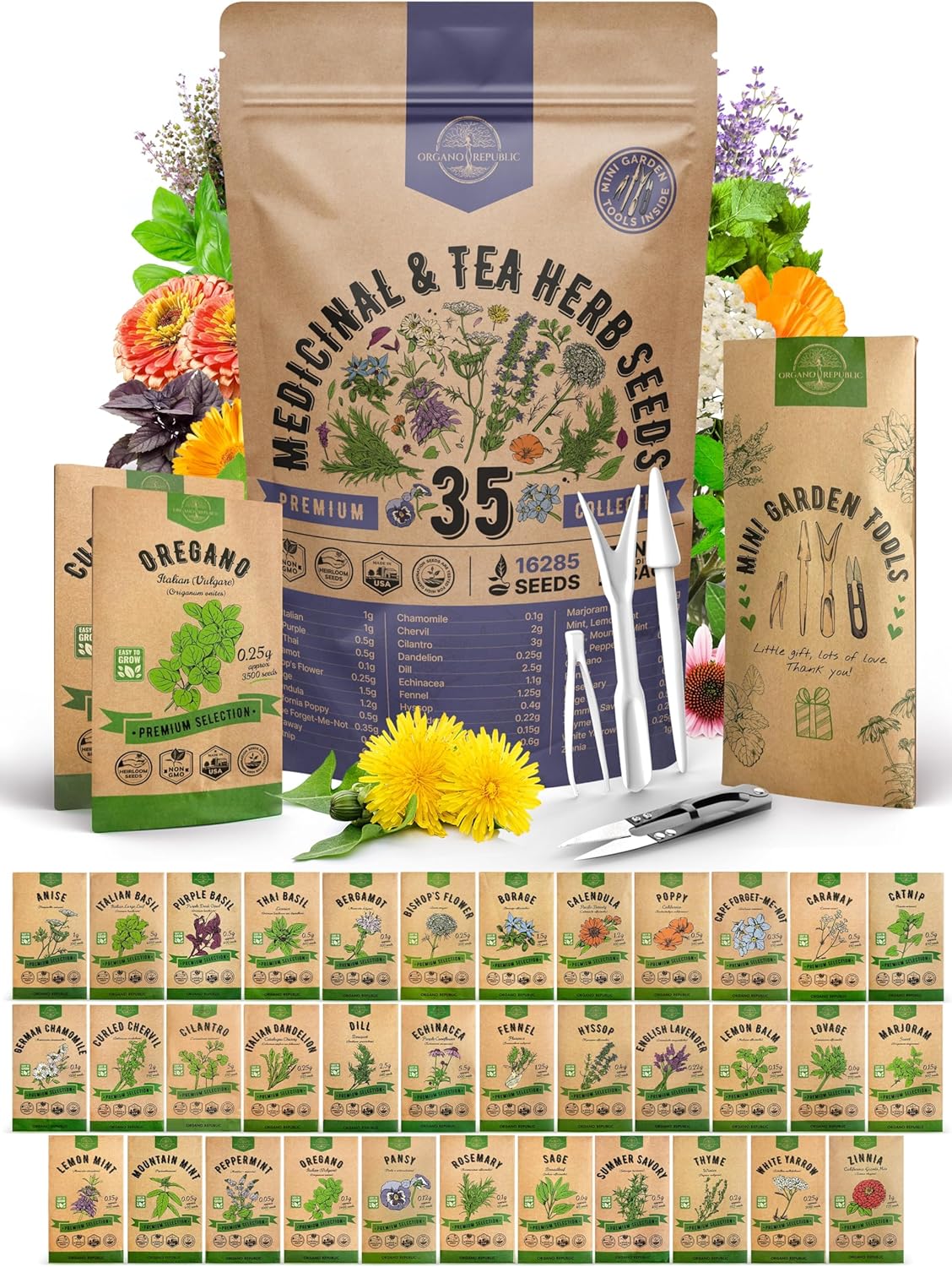 35 Medicinal & Tea Herb Seed Variety Pack – 16,335+ Non-GMO Heirloom Seeds for Indoor & Outdoor Gardening | Includes Anise, Bergamot, Borage, Cilantro, Chamomile, Dandelion, Rosemary & More